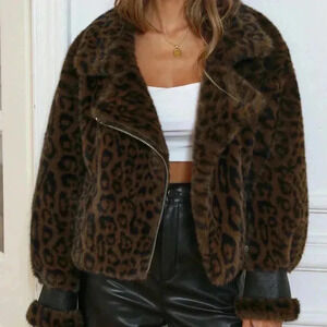 Brown Casual Women's Vintage Leopard Fluffy Patchwork Crop Jacket With Lapel